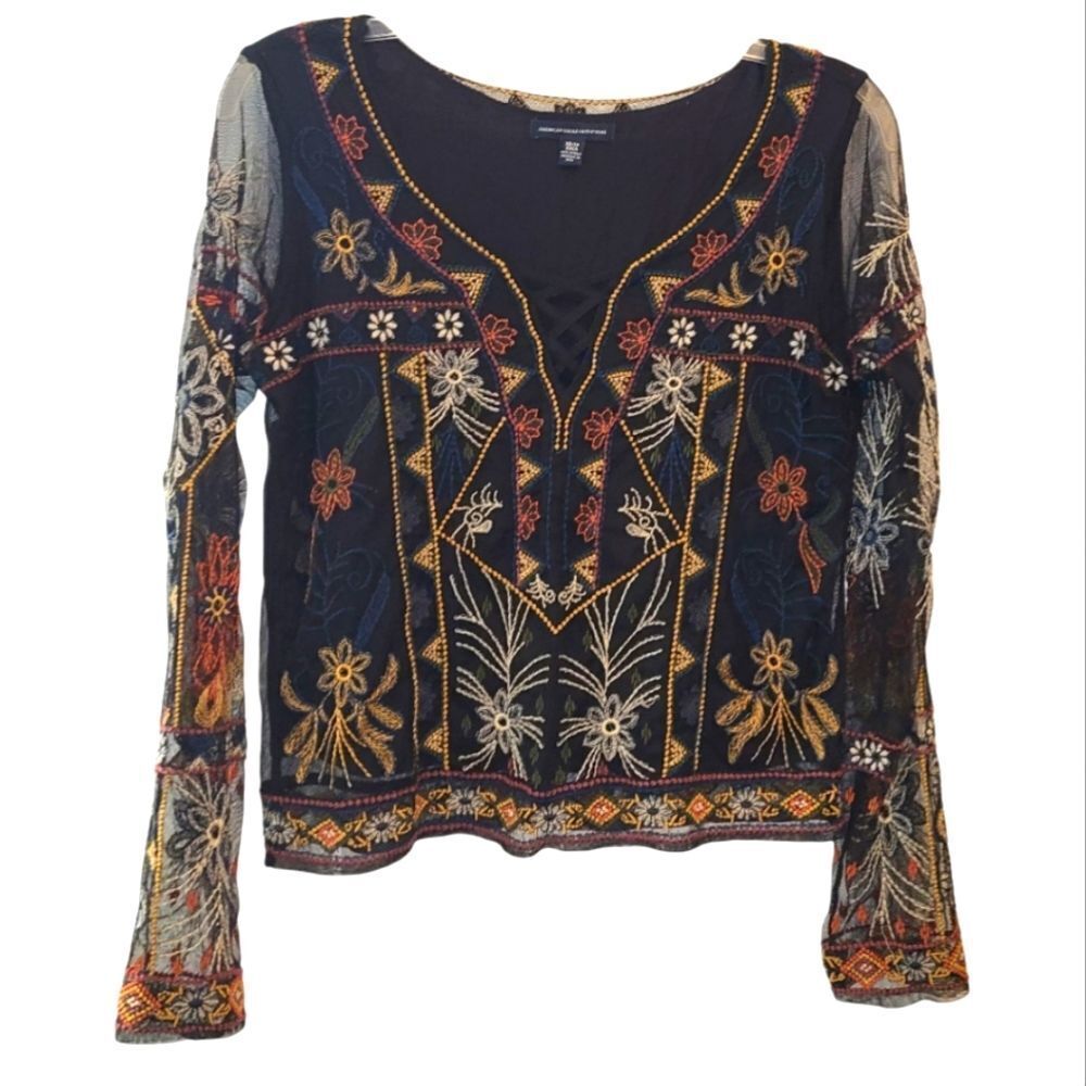 American Eagle Sheer Embroderied Boho Blouse - Picture 2 of 12